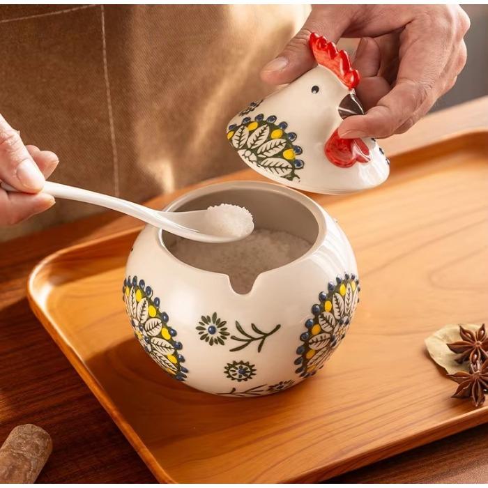 Cute Simple Little Chicken Seasoning Jar Creative Underglaze Painted Hand-painted Household Ceramic Container with Lid and Spoon