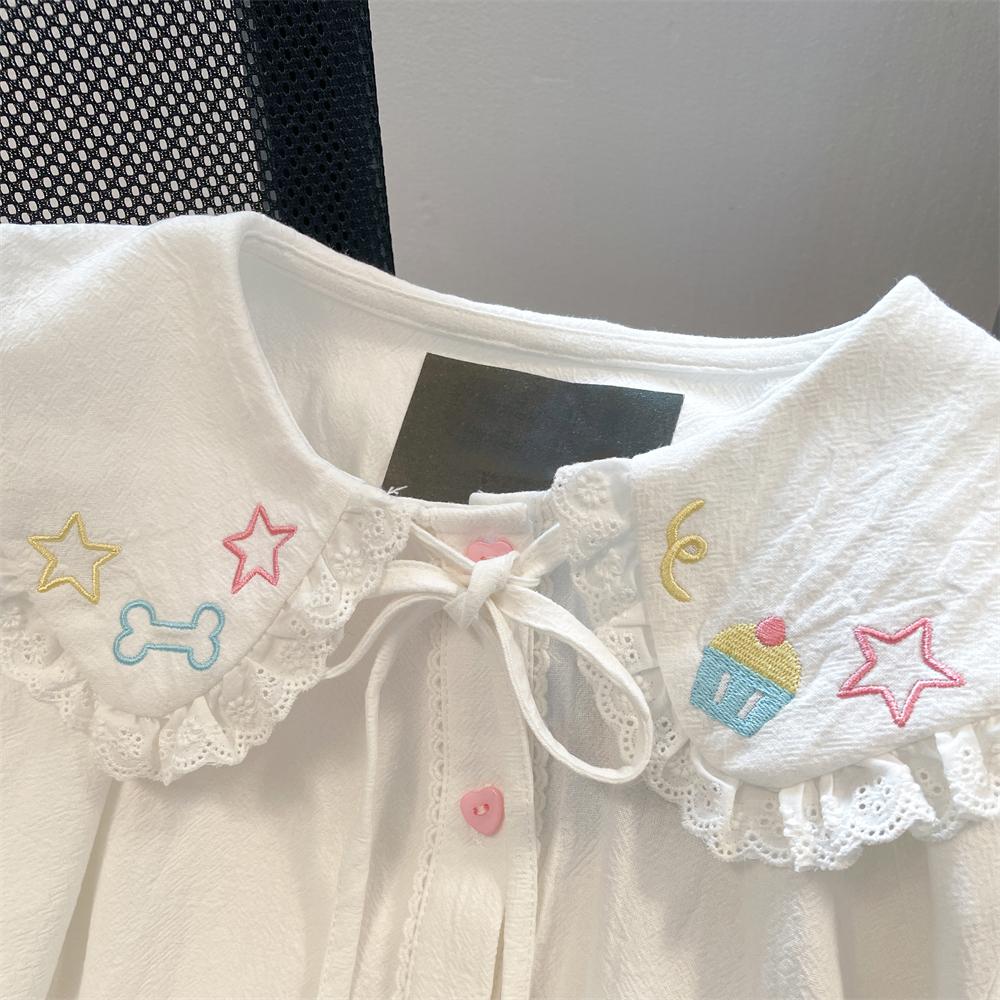 Весенняя блузка, женская одежда, кавайная милая кружевная лоскутная рубашка в стиле Лолиты с воротником «Питер Пэн», винтажный милый топ с вышивкой, одежда Y2k