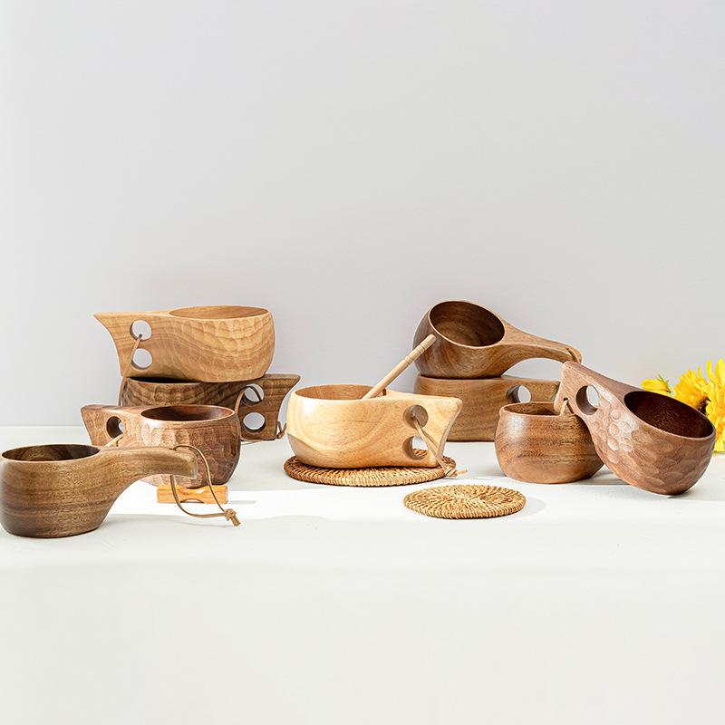 Finland Kuksa Rubber Wood Water Cup Portable Coffee Mug with Handle Cowhide Rope Hook Juice Milk Beer Tea Cup Outdoor Drinkware