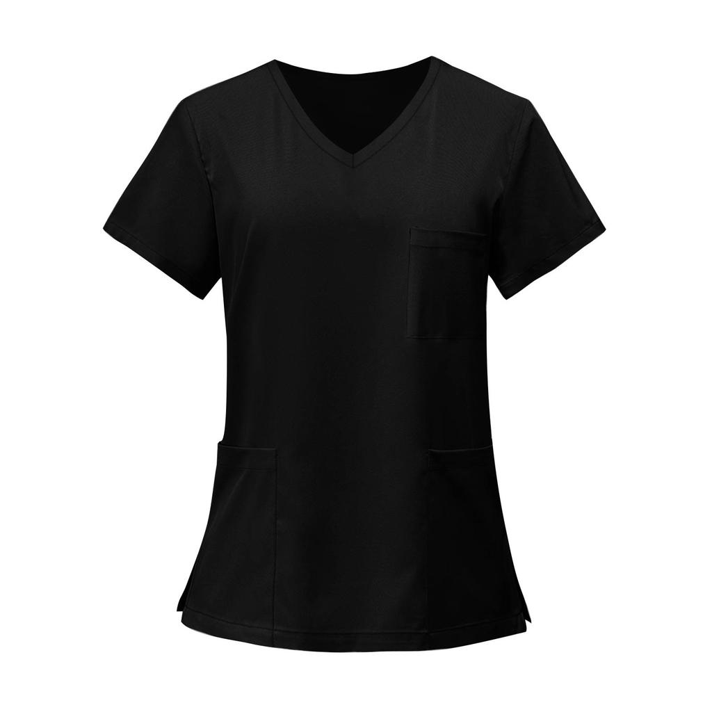 Women's Fashion Solid Short Sleeve V Neck Pattern Tops Pocket Working T-shirts