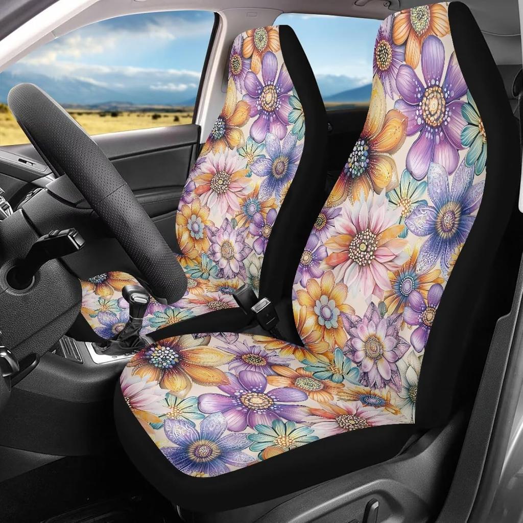 Чехлы на сиденья автомобиля Bulopur Black Boho Цветочные, Только для передних сидений, для женщин и мужчин, с карманом-органайзером, для автомобилей, внедорожников, грузовиков, седанов