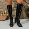 Модные женские ботильоны с острым носком 2025 осень-зима шнуровка сапоги для верховой езды боковая молния массивный высокий каблук ботфорты Mujer