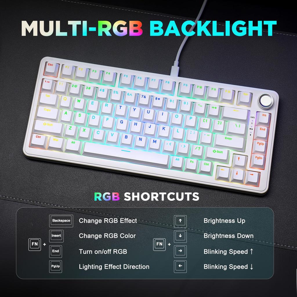 YUNZII B75 Wired Mechanical Keyboard Hot Swap Gasket RGB Backlight Heavy Duty English Layout PBT Keycap Cherry Profile for RGB Blue Gray Tactile 75%