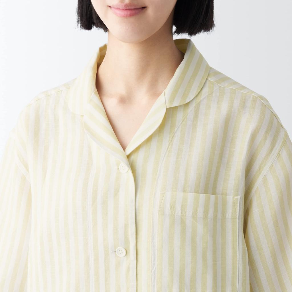 MUJI Natural Lyocell Linen Pajamas FDB06A3S Light Yellow Stripe Size S Cool-to-the-Touch Short-Sleeve Women's