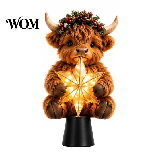 Rustic Farmhouse Holiday Decor Highland Cow Glowing Star Tree Topper, Lighted Christmas Decoration with Festive Indoor Decorations Warm LED,