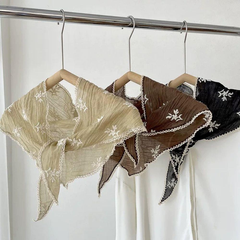 French Lace Triangle Scarf Embroidered Floral Design Women's Headscarf Hairband Sweet Summer Headwear Spring Shawl for Women