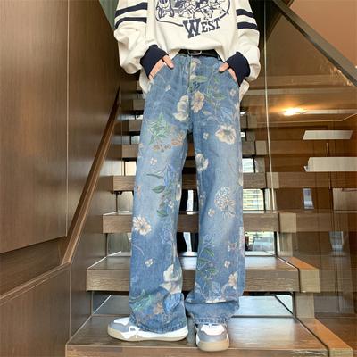 Осенние джинсы с цветочным принтом для мужчин Y2K Vintage Denim Брюки хип-хоп мода Широкие мешковатые джинсы Уличные брюки