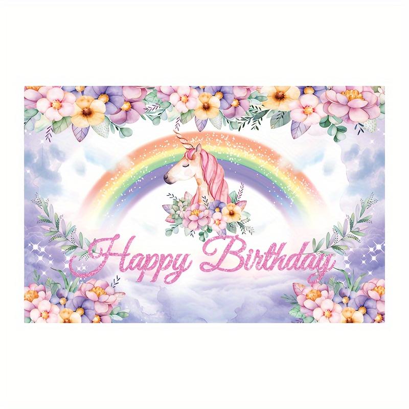 Unicorn and Rainbow Birthday Happy Banner - Watercolor Flower Cake Table Decoration Durable Polyester Party Background