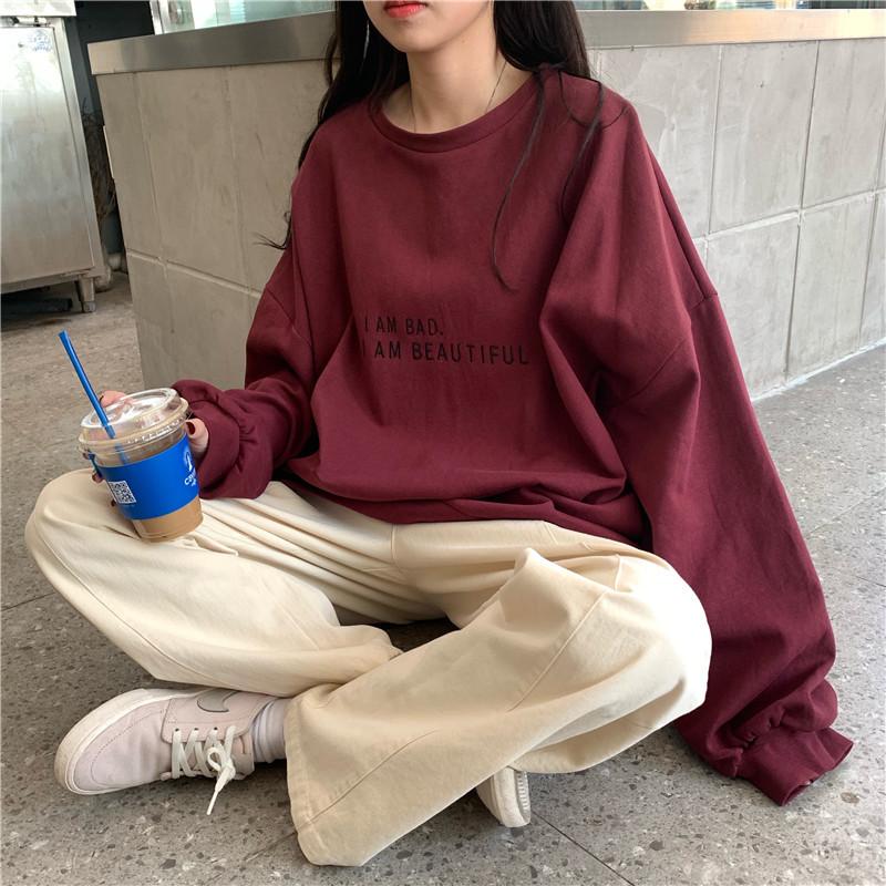 Autumn Korean Hong Kong Style Minimalist Letter Student Top Loose Thin Long Sleeve Hoodie Womenswear