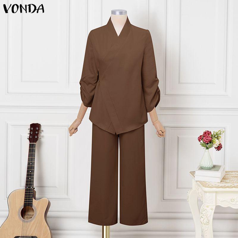 VONDA 2 шт. Женские костюмы Повседневный костюм из двух предметов: блузка с длинным рукавом и брюки, застежка сбоку