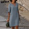 GMXIA Женское летнее однотонное хлопковое льняное ретро-платье с V-образным вырезом и коротким рукавом, легкое дышащее платье