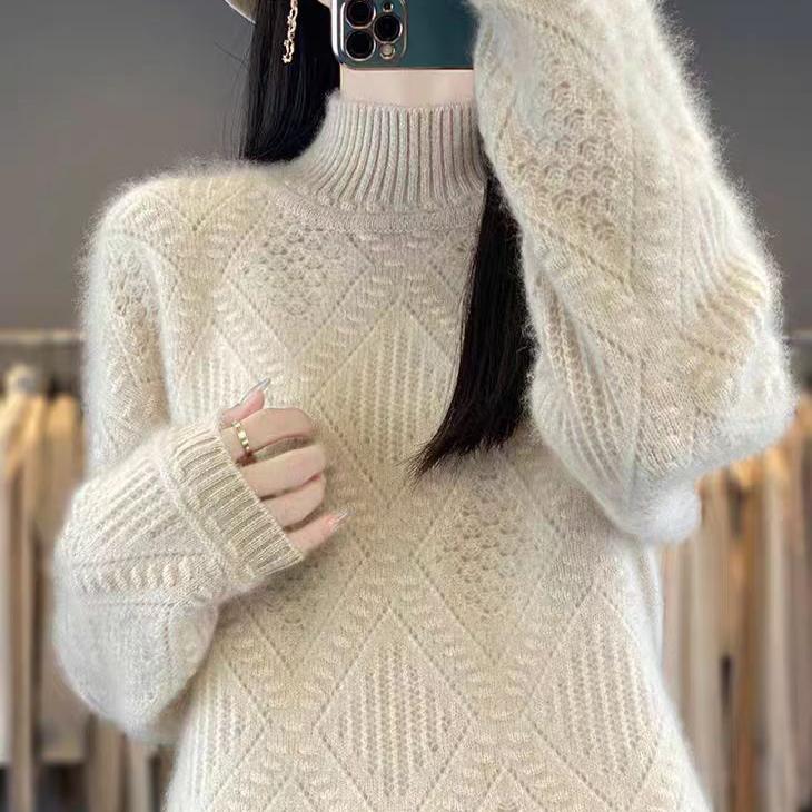 Thick Loose Sweater Women Half Turtleneck Knitted Sweater for Women Solid-color Casual and Warm Pullover
