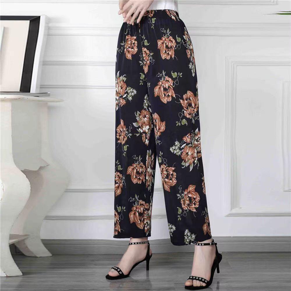 Women Summer Ice Silk Floral Printed Wide Leg Pants Elastic High Waist Casual Loose Cropped Pants