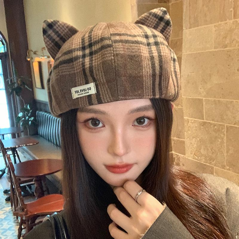 Милый берет с кошачьими ушками, корейский повседневный и универсальный ветрозащитный восьмиугольный картуз, модная теплая шапка для женщин на осень и зиму