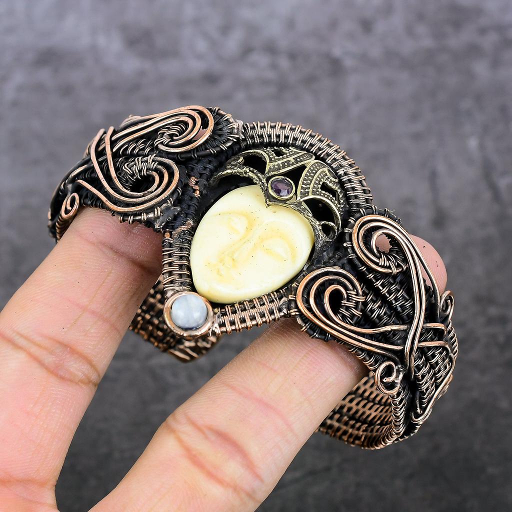Natural Cameo, Moonstone Gemstone Copper Wire Wrap Cuff Bangle Adjustable A6O57