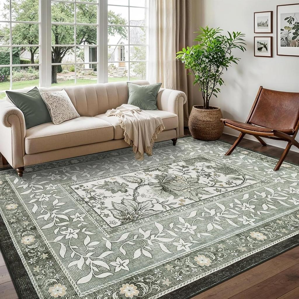 Green Living Room Carpet Soft Plants Flower Bedroom Bedside Floor Mat Vintage Home Decoration Cottagecore Non-Slip Washable Rug