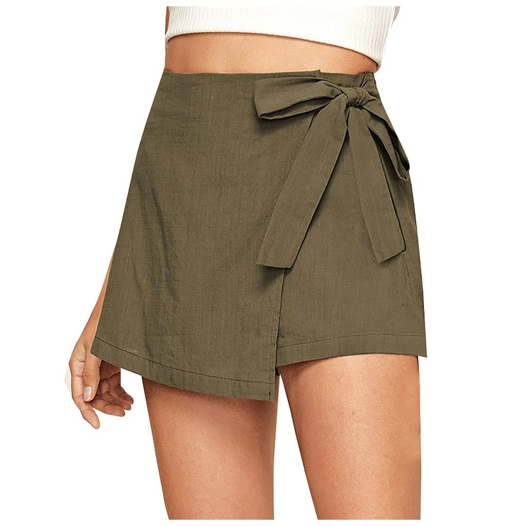 Women's Fashion Linen Lace-up Color Culottes Zipper Shorts Summer Shorts