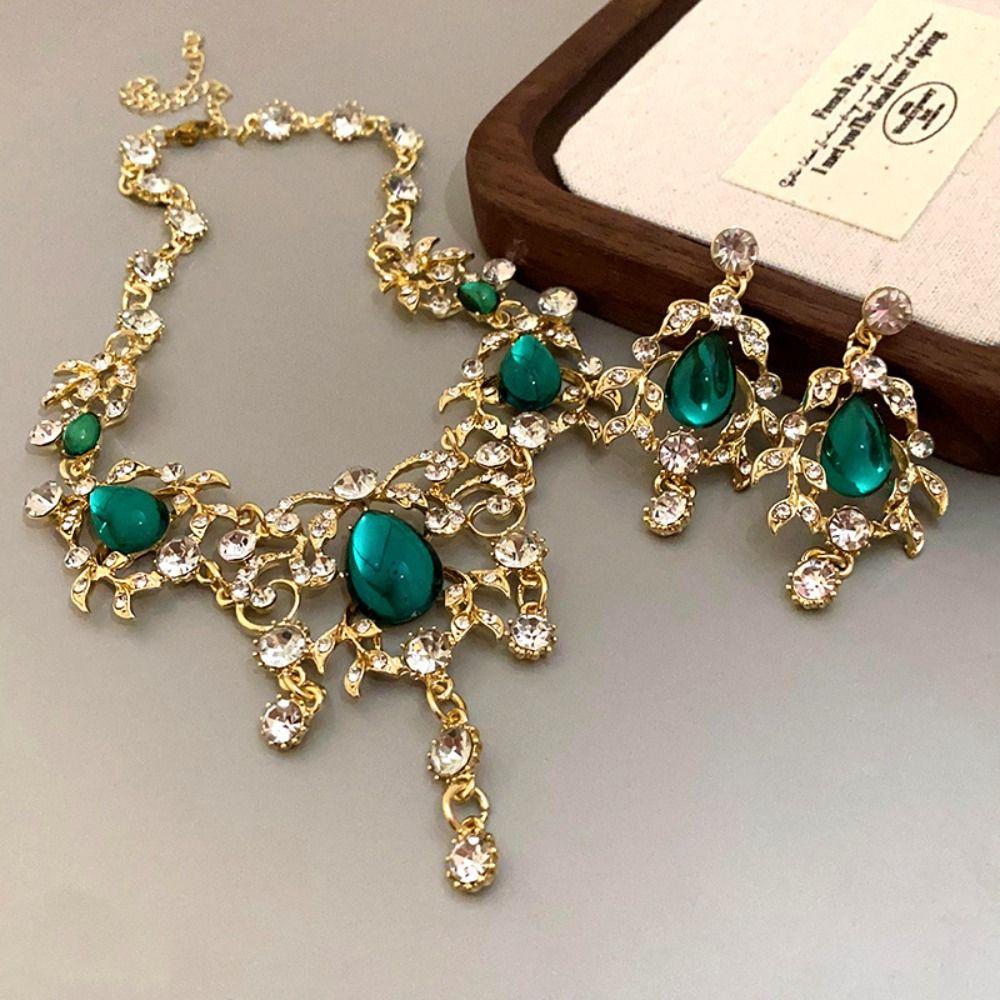 Korean Style Green Crystal Jewelry Set Multifunction Sparkling Necklace Women