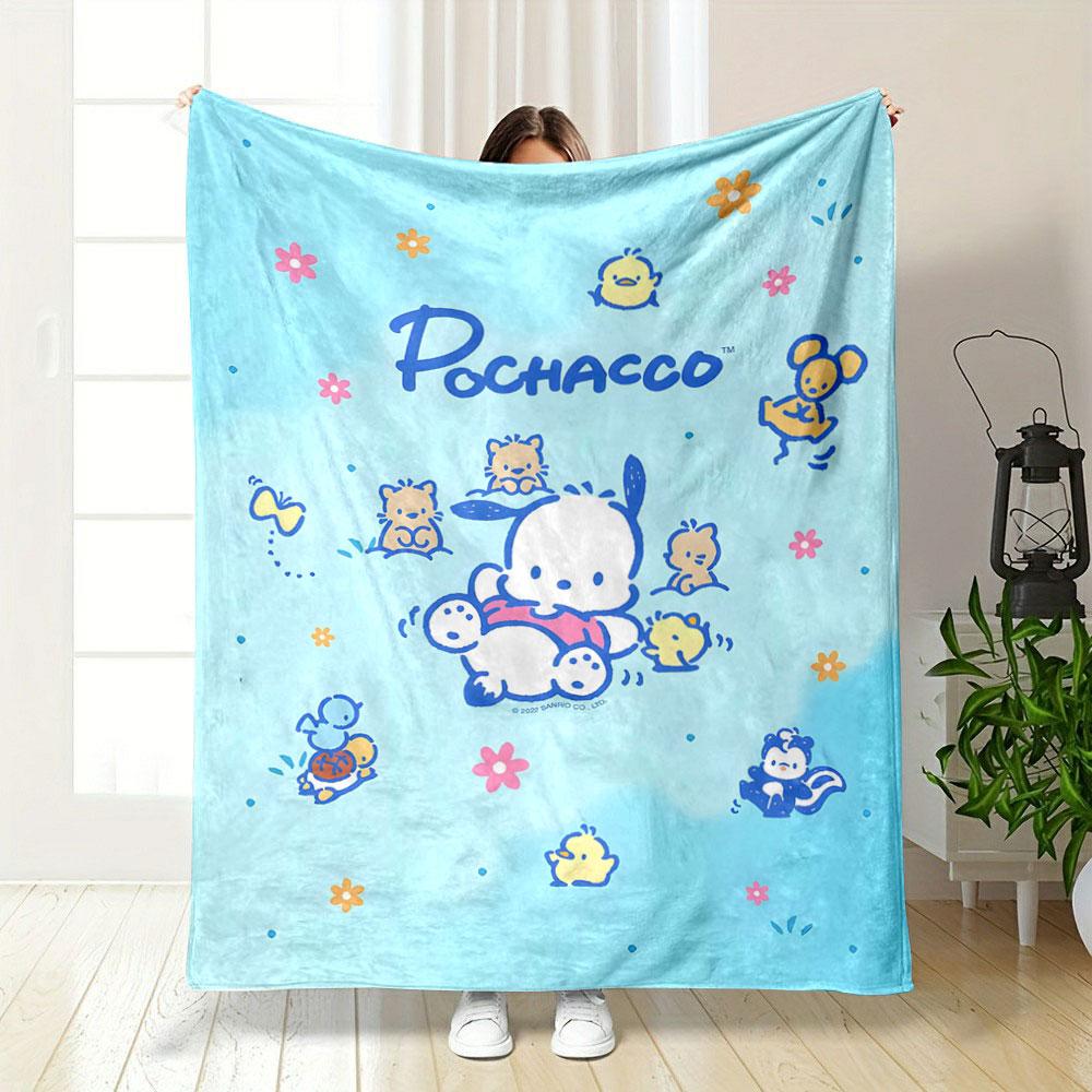 Cute cartoon animals frolicking with flowers on a light blue background. for all seasons blanket lunch break throw gift