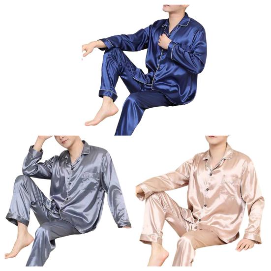 2 Pcs/Set Men Pajamas Set Satin Lapel Long Sleeve Single-breasted Patch Pocket Elastic Waist Soft Wide Leg Men Homewear Shirt Pants Set Fall