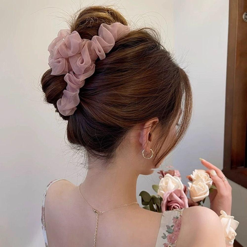 Solid Color Chiffon Hair Claw Sweet Large Hair Grab Clip Luxury Women Shark Clip Hair Accessory