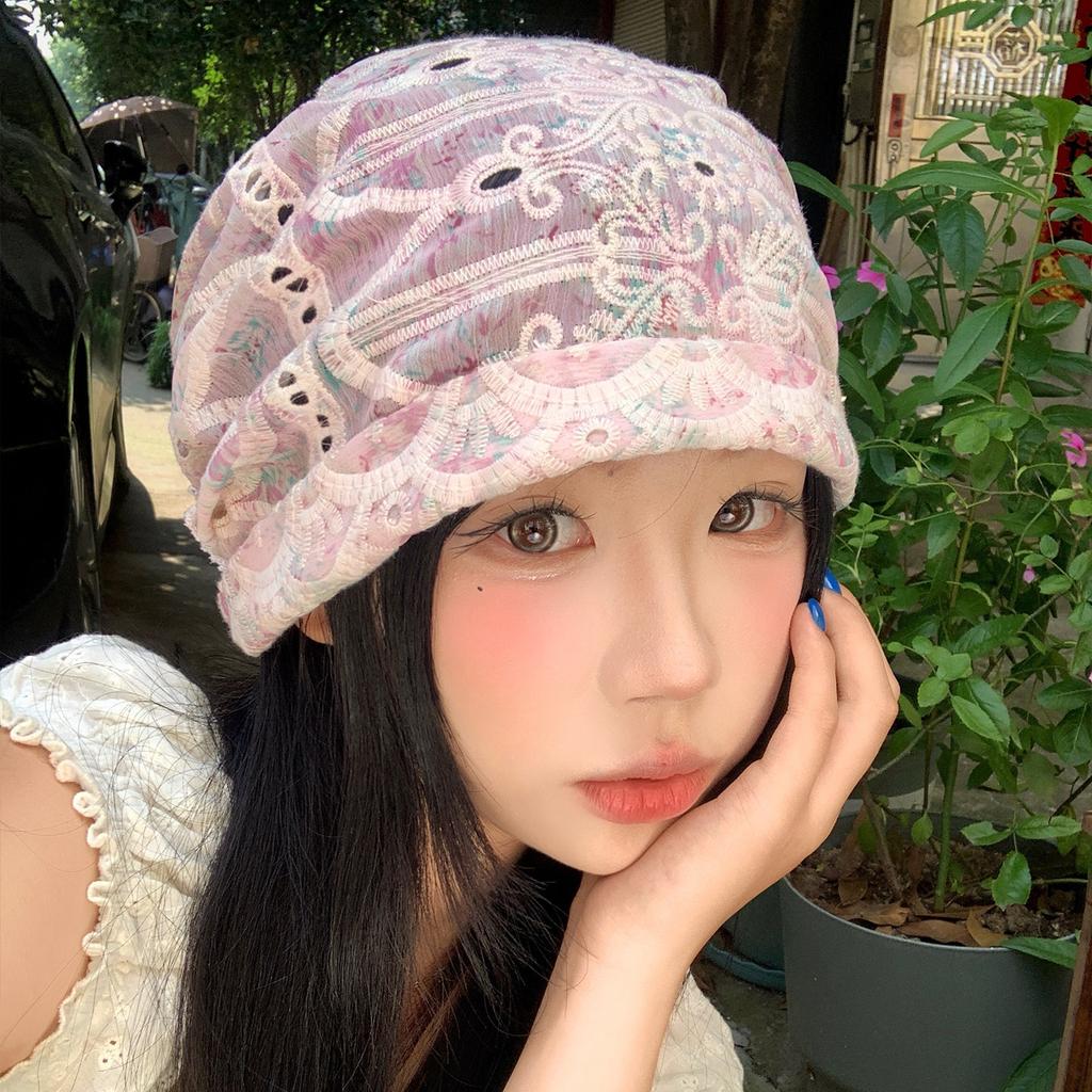 Broken lace hollow headscarf hat women's summer thin breathable face small pile hat retro sweet headscarf hat