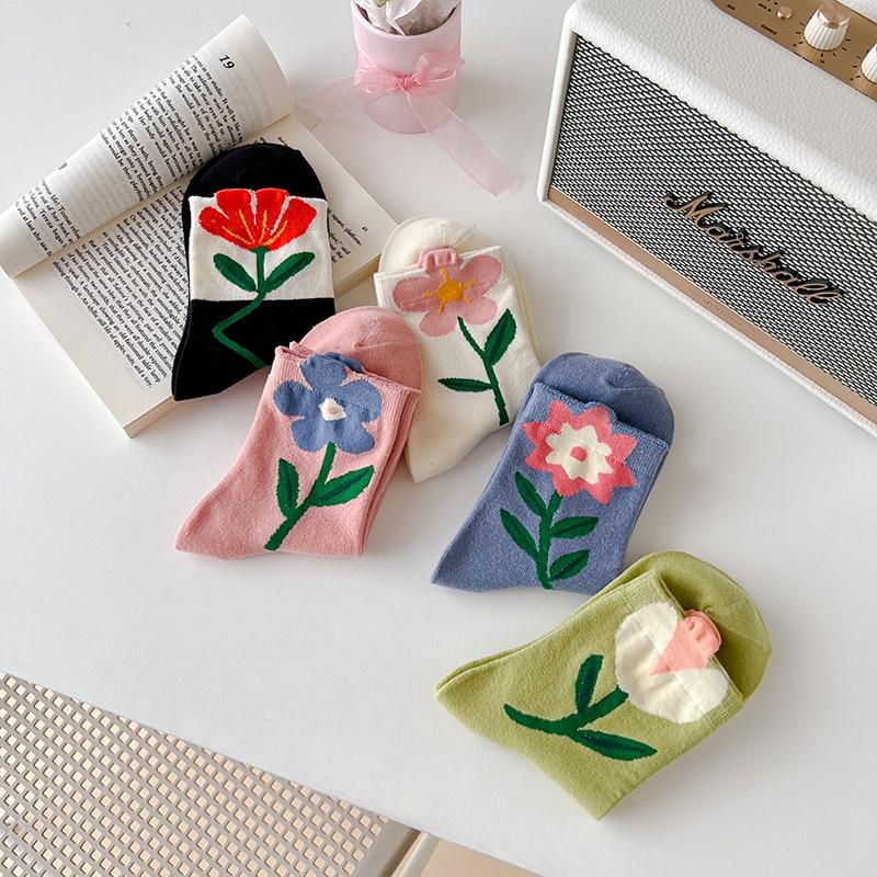 5 пар женских носков-трубок MIEXD с рисунком цветов ярких цветов Kawaii, дышащие повседневные короткие носки