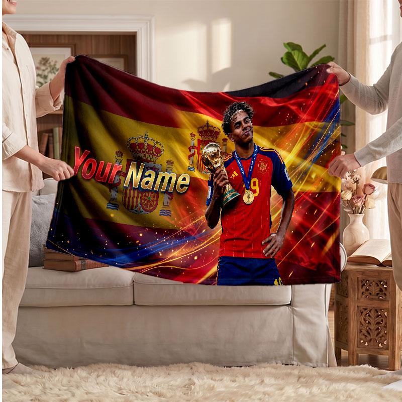 Lamine Yamal Personalized Fleece Blanket With Football Logo, Custom Name Text Soft Warm Home Throw Blanket