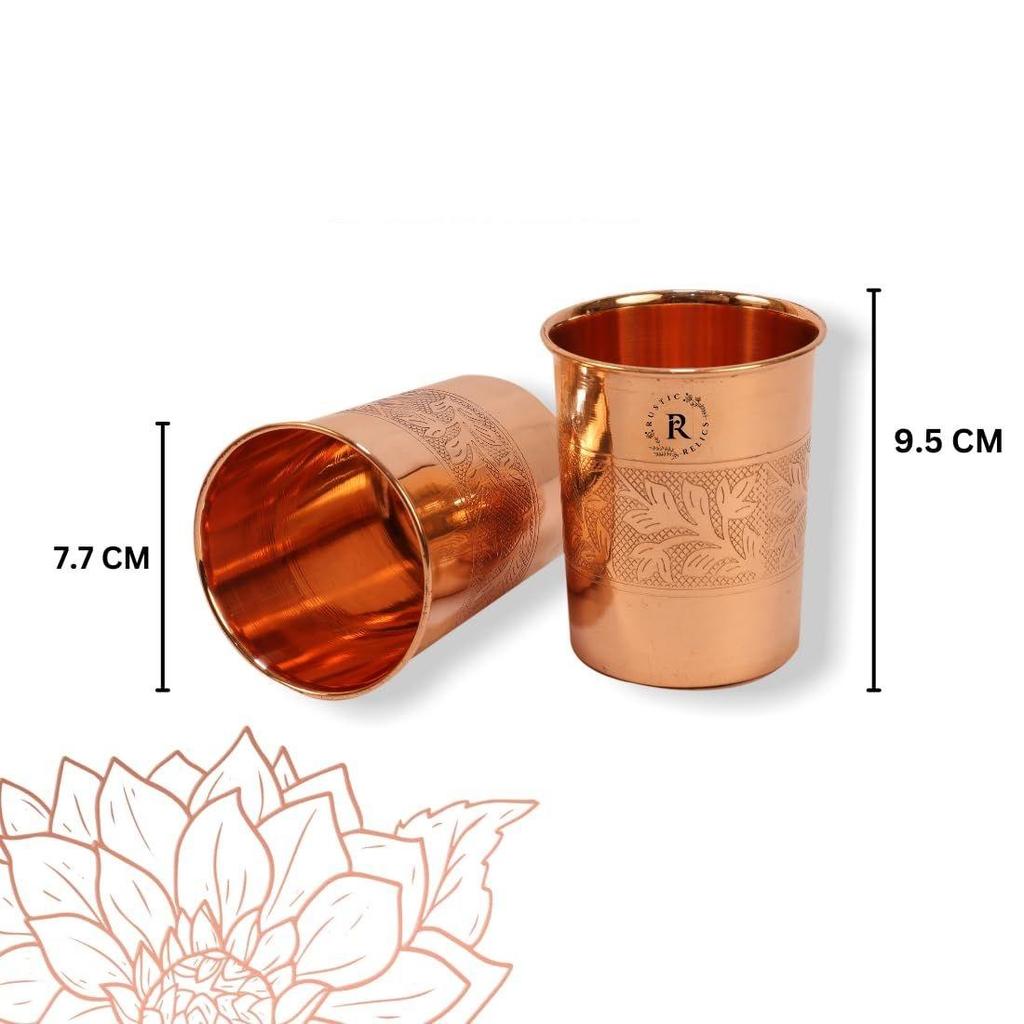Pure Copper Water 6 Glass Set Hand Made | With Beautifully Embosed Engraving Design | Drinkware with Ayurvedic Health Benefits