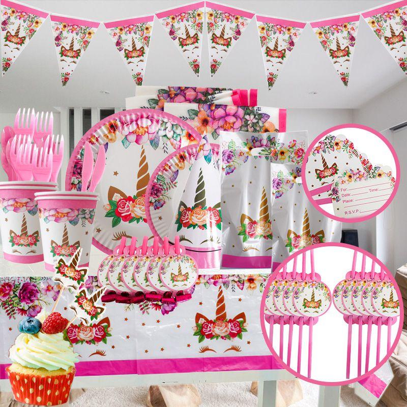 Венок Единорог Детские Принадлежности для Дня Рождения Зачарованная Посуда Чашки Тарелки Вилки Салфетки И Баннер