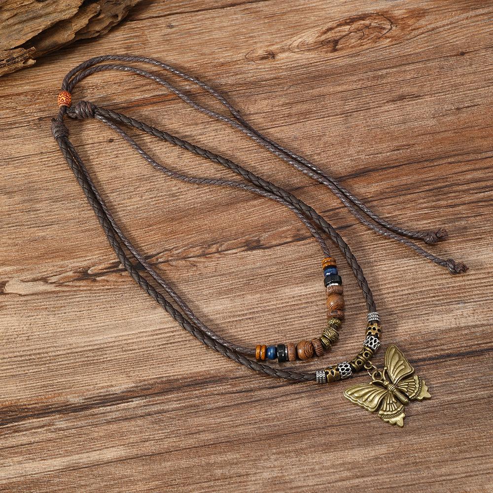 Butterfly-shaped Wooden Beaded Double-layer Necklace, Women's Retro-style Woven Rope Collarbone Chain