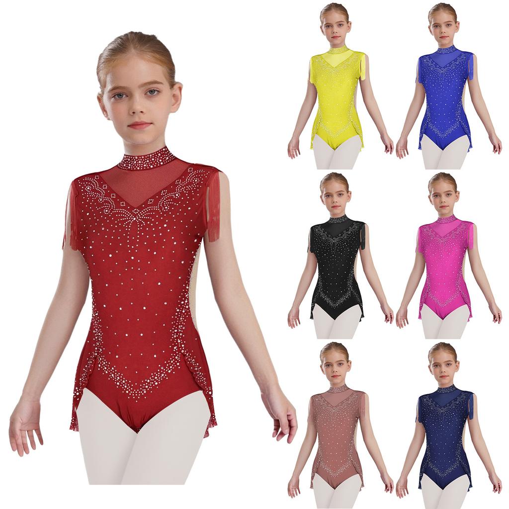 Girls Rhinestone Dance Leotard - Sparkling Mock Neck Bodysuit with Sheer Mesh & Tassel Skirt, Invisible Zipper Back