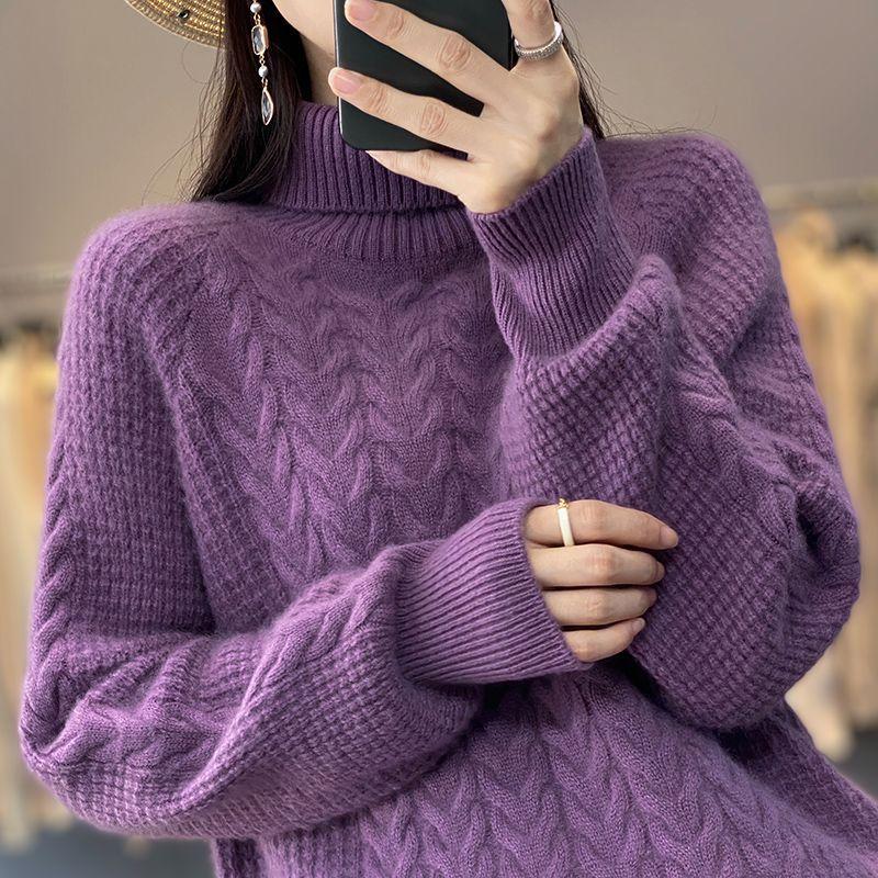 Solid Turtle Neck Cable Knit Sweater, Elegant Long Sleeve Wool Pullover Sweater, Women's Clothing