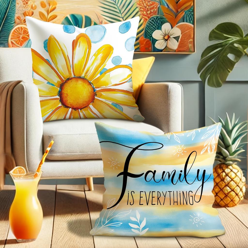 Радостная наволочка в акварельном стиле с подсолнухом, солнцем и трогательными семейными и домашними мотивами, наволочка для диванной подушки