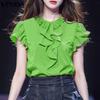 Summer Women Flounce Short Sleeve Casual Pleated Blouse