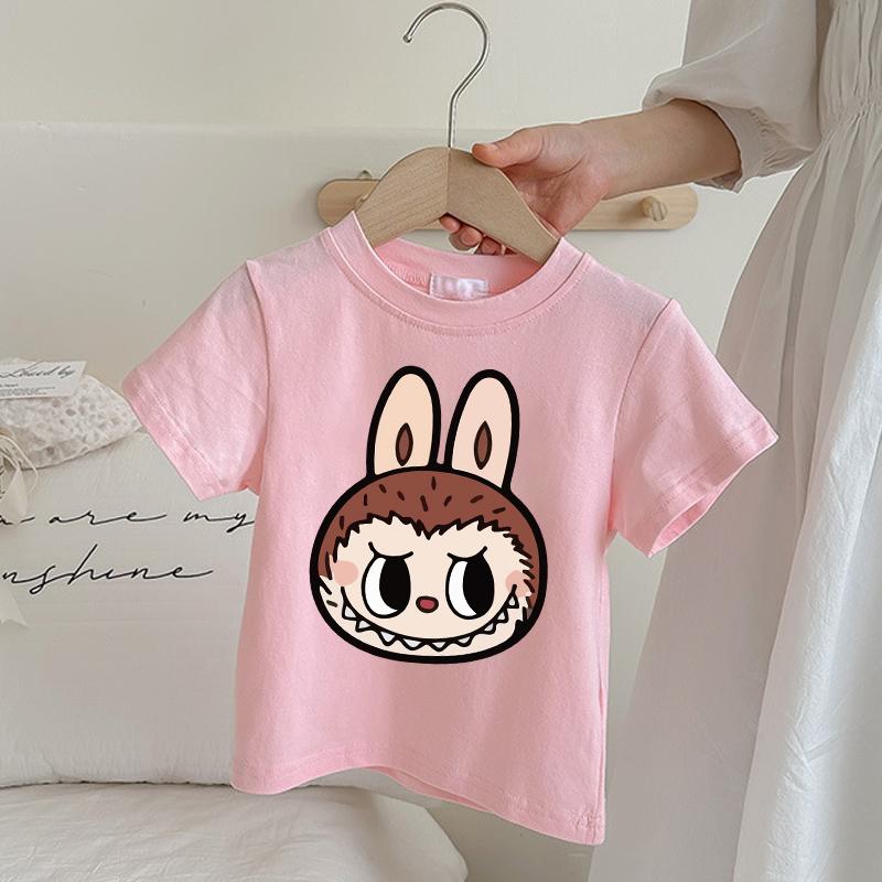 Детская розовая футболка Labubu Мультяшное аниме Летняя с коротким рукавом Модная милая футболка для девочки