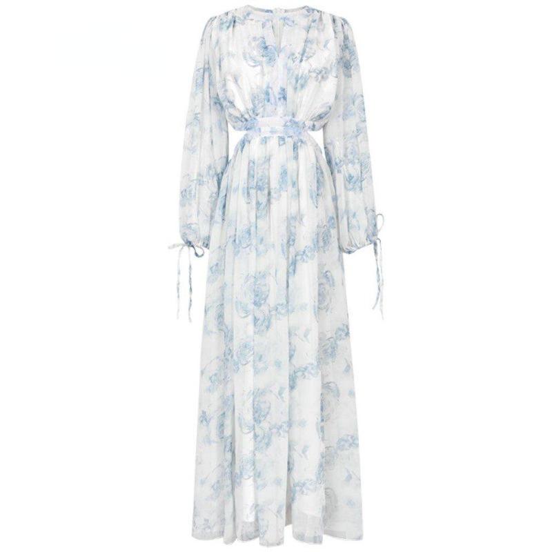 Винтажное пляжное платье миди с цветочным принтом, женское элегантное открытое корейское праздничное платье с разрезом, женское повседневное платье феи с длинными рукавами