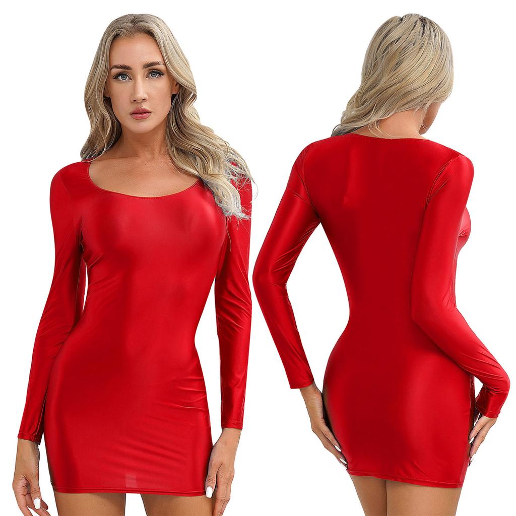 Women's Long Sleeve Bodycon Tight Pencil Dress Oil Glossy Sheer Micro Mini Dress Clubwear