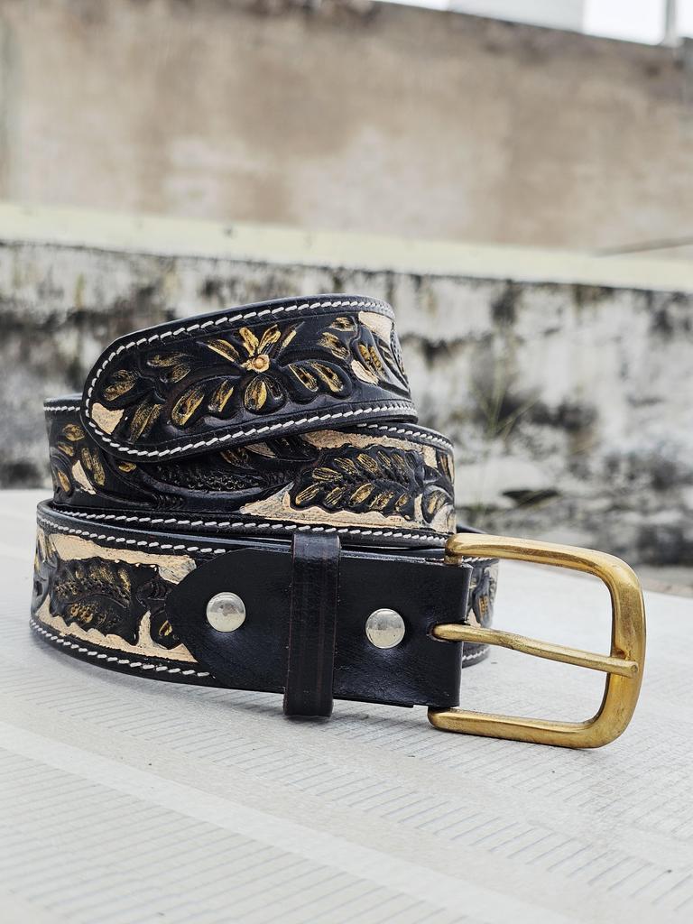 Hand Tooled Black Leather Cowboy Belt – Floral Carved Western Rodeo Belt – Full Grain Handmade Ranch Men’s Outfit