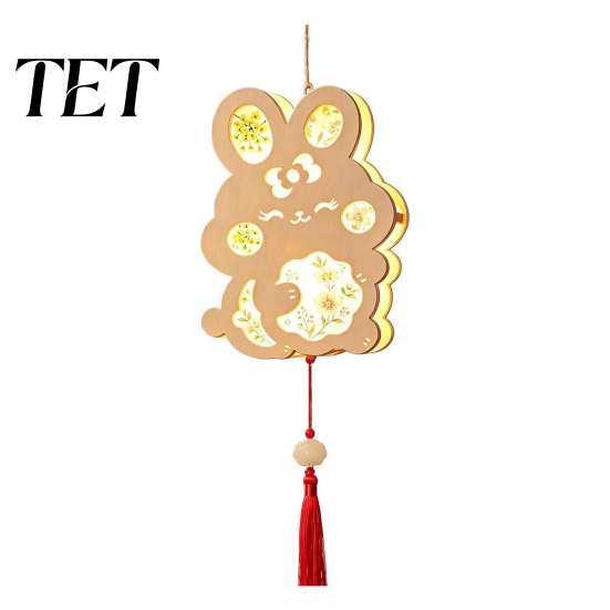 Quaint Wooden Frame Lantern DIY Chinese Ancient Style Kit, Light Up Handheld with LED String & Hanfu Photography Props Tassel, Rabbit Butterfly Lotus
