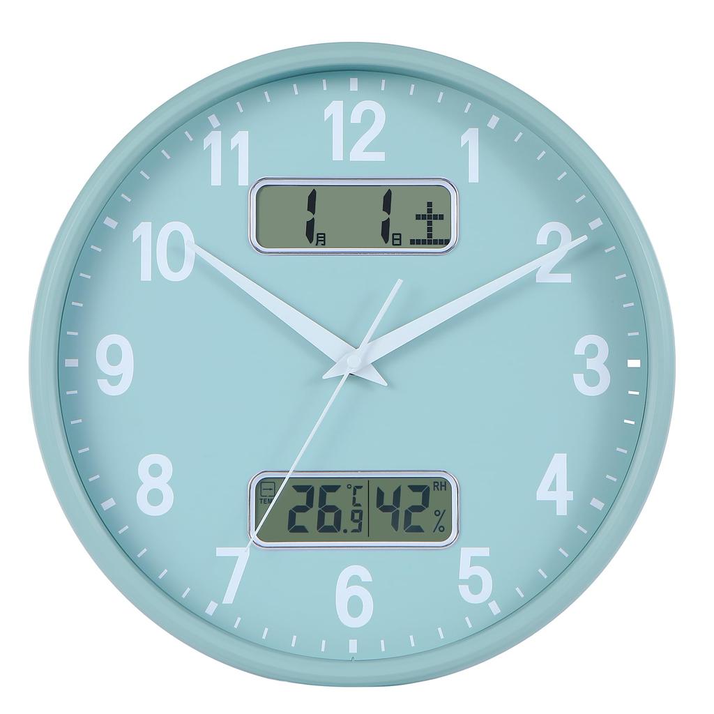 Nbdeal Wall Clock Quiet Continuous Second Hand Analog Calendar Temperature Humidity Display Diameter 32cm Light Green LCD-5578