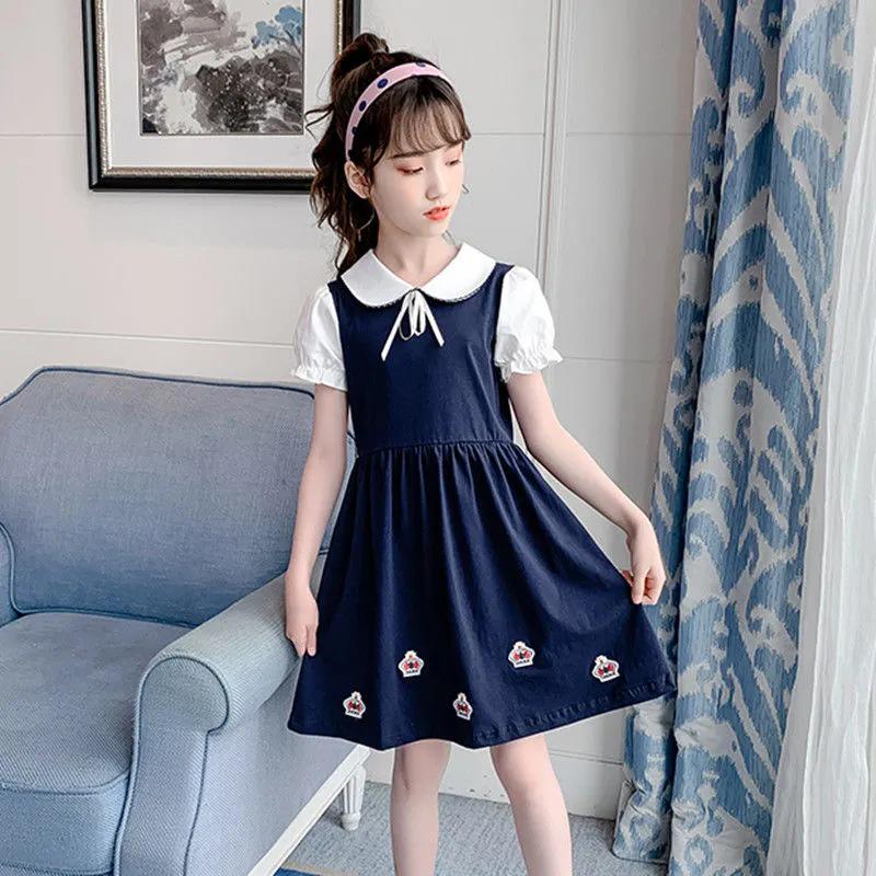 Летние платья в корейском стиле с воротником-стойкой для девочек - модная юбка принцессы для учеников начальной и средней школы