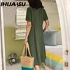 IHUASU Женская мода лето весна однотонный принт V-образный вырез высокая талия повседневные платья