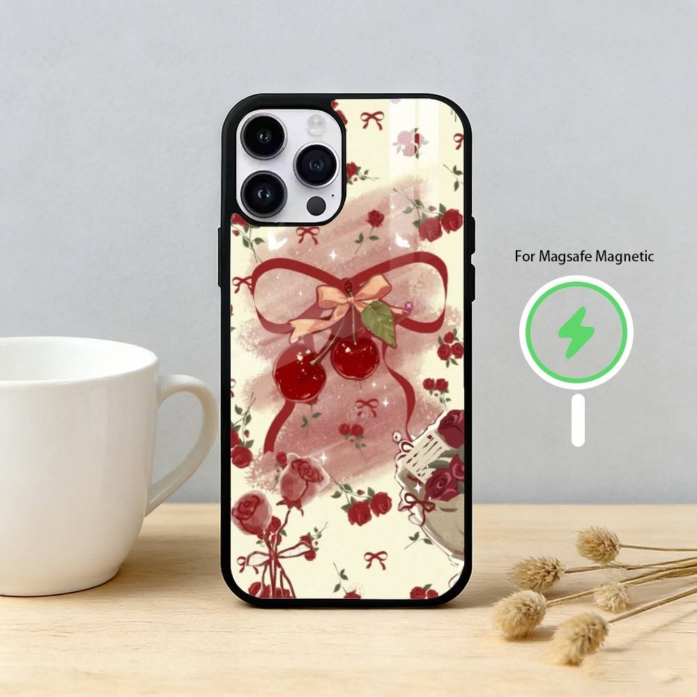 Чехол для телефона с вишнями и бантами для iPhone 17/16/15/14/13/12/Plus/Pro/Max для магнитной беспроводной зарядки