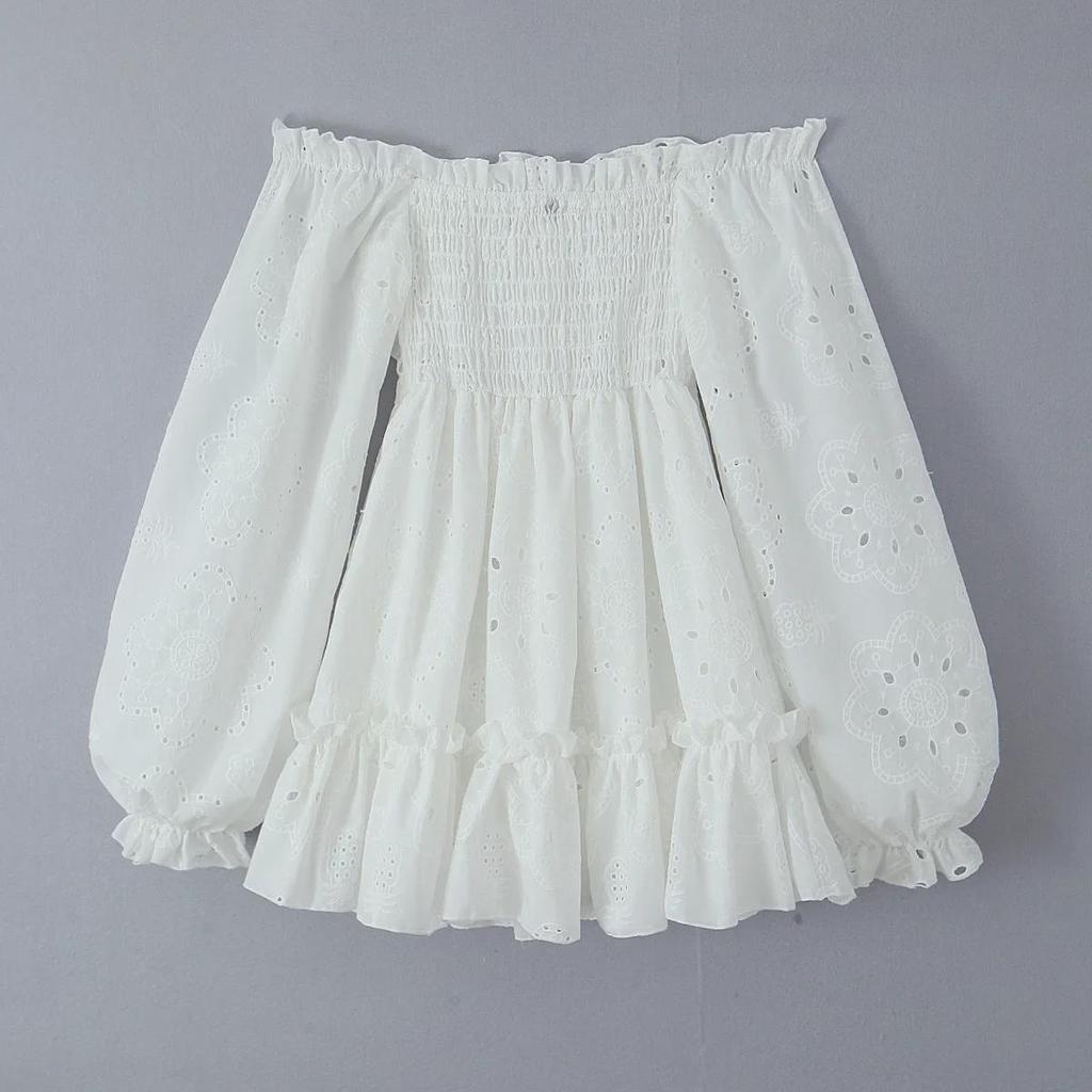 Женское платье-трапеция с рукавами-фонариками на одно плечо, осень 2024 г.