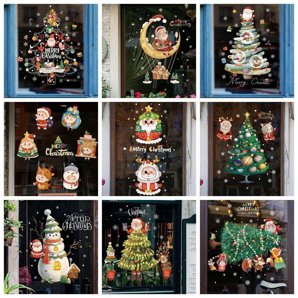 Электростатические наклейки на витрину Мультяшный Санта Клаус Рождественская елка Постер Рождество