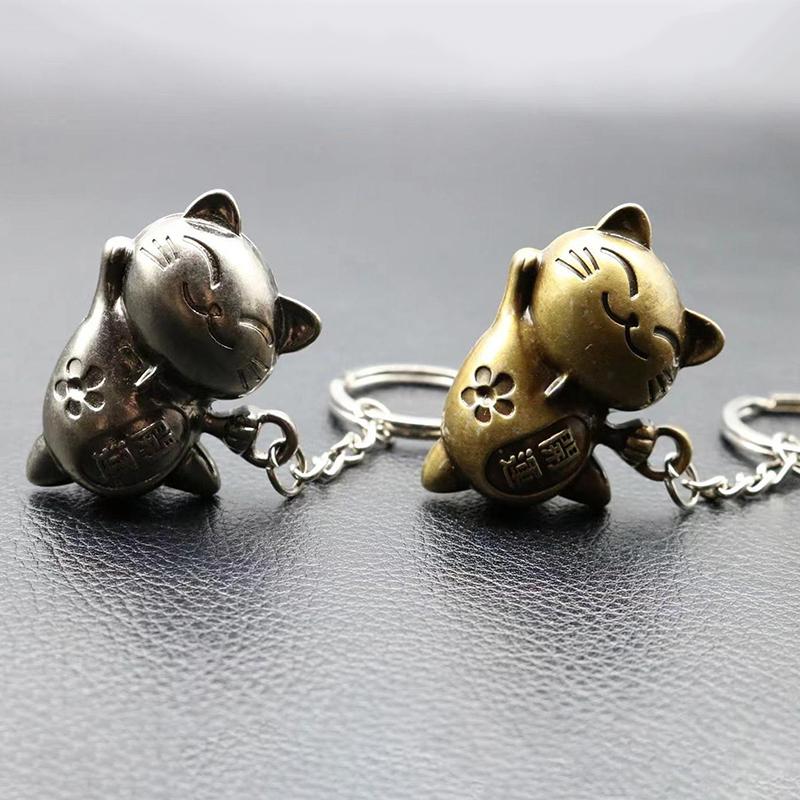 Creative Vintage Chinese Cute Alloy Luck Cat Pendant Keychain For Women Retro Backpack Car Decoration Hanging Accessories