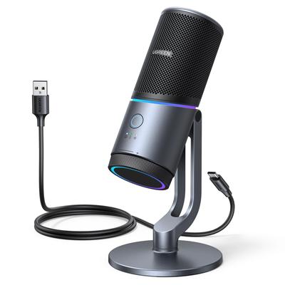 UGREEN Настольный микрофон с RGB-подсветкой USB-микрофон Кнопка отключения звука Однонаправленная диаграмма направленности Регулятор громкости Конденсаторный микрофон для PS5
