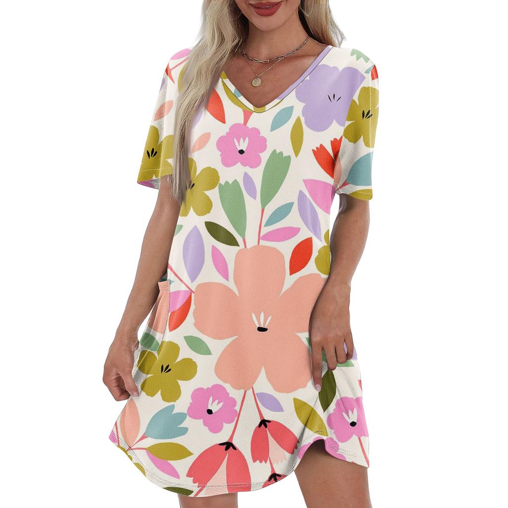 Women's Summer Fashion Casual V-Neck Floral Print Short Sleeve Pocket Dress