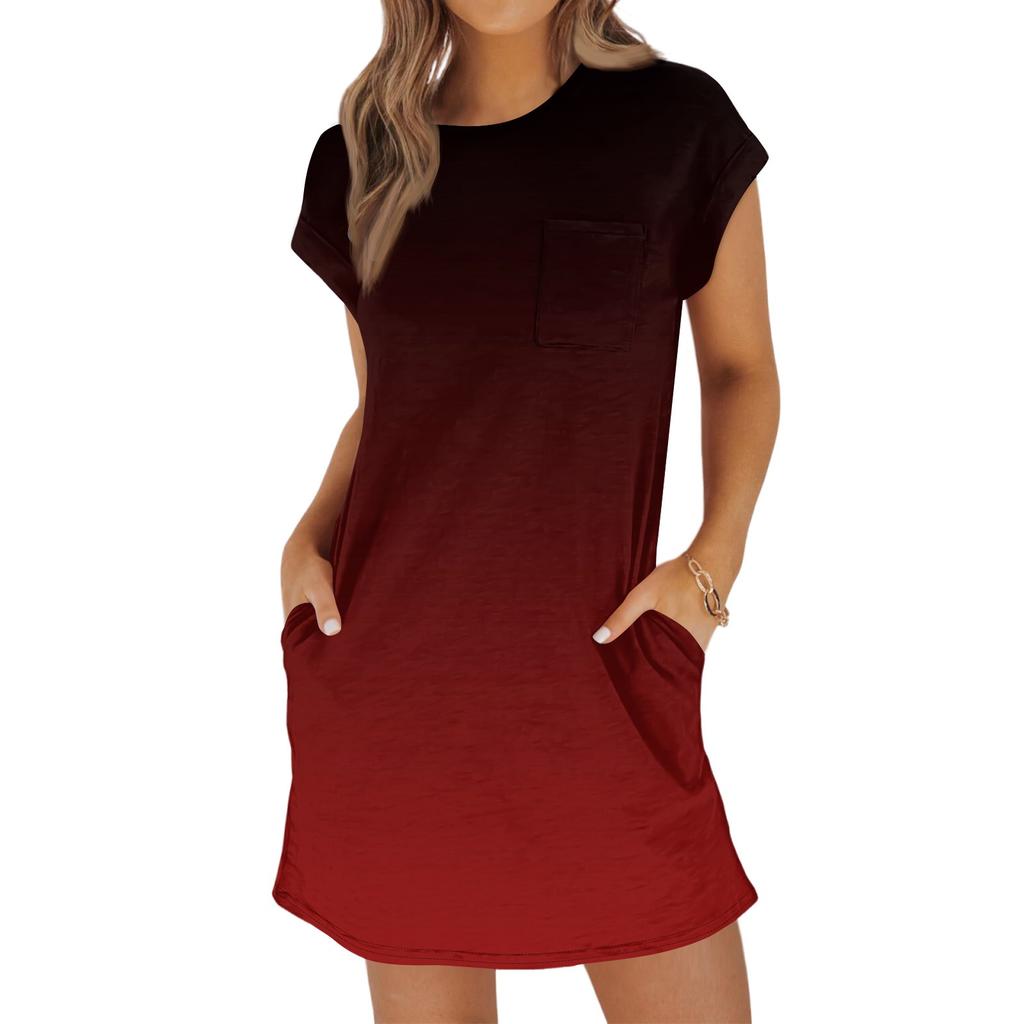 Женское модное повседневное летнее платье с градиентным принтом, коротким рукавом, круглым вырезом и карманами